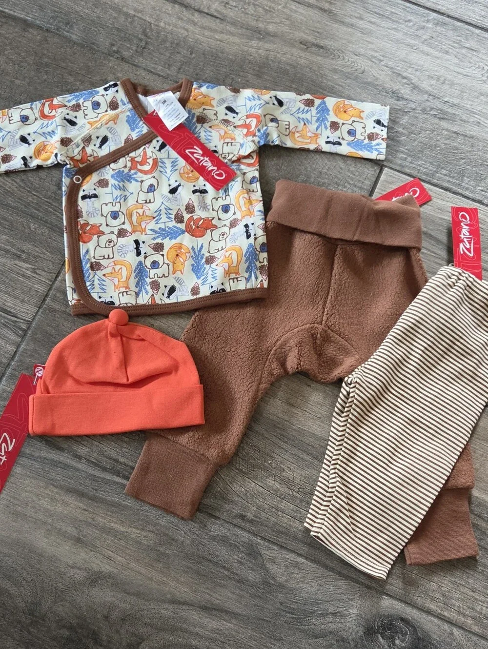 Zutano NWT 3 Months Fox Print Top, Fleece Pants, Striped Pants & Hat Set